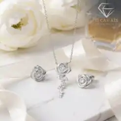 Moissanite jewelry set with rose-shaped design, sterling silver necklace and earrings | D-Carats.