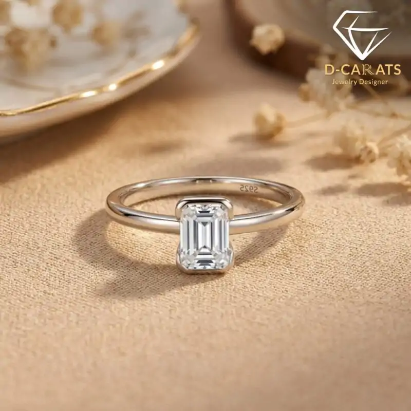 Silver band featuring an east west emerald cut moissanite stone with S925 hallmark in a soft sunlit setting