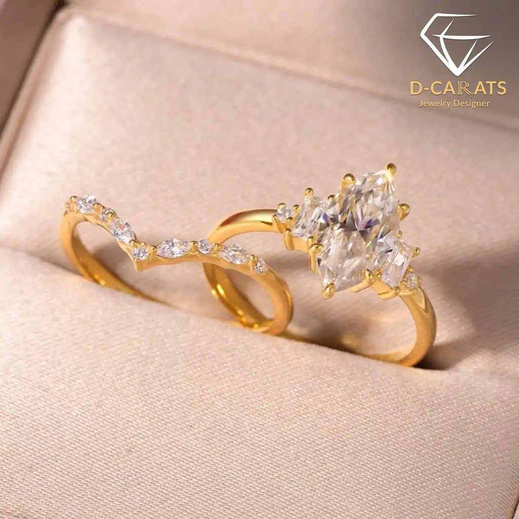 Marquise Moissanite Bridal Ring Set 8 Close-up of a gold marquise moissanite bridal ring set featuring a curved band with petite sparkling accent stones