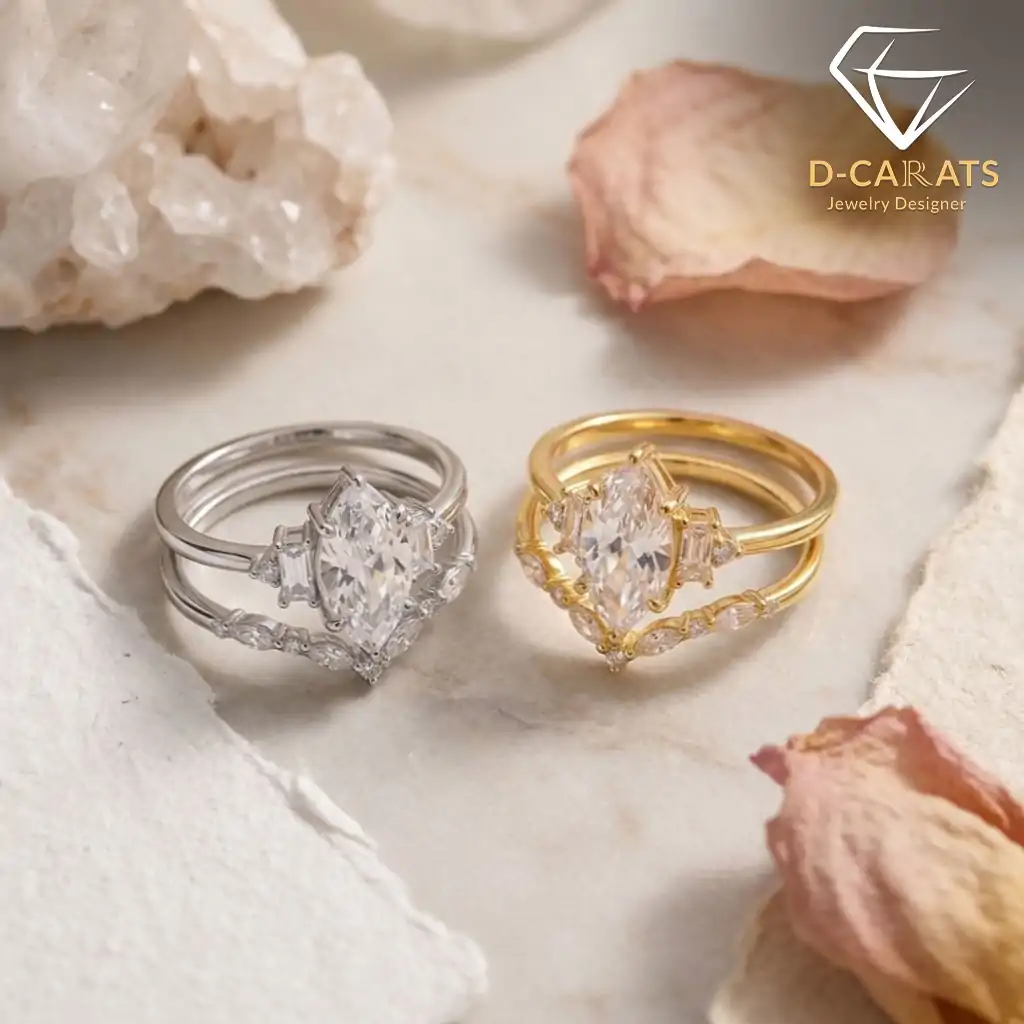 Marquise Moissanite Bridal Ring Set 3 Gold and silver marquise moissanite bridal ring sets displayed side by side among soft petals and white crystals