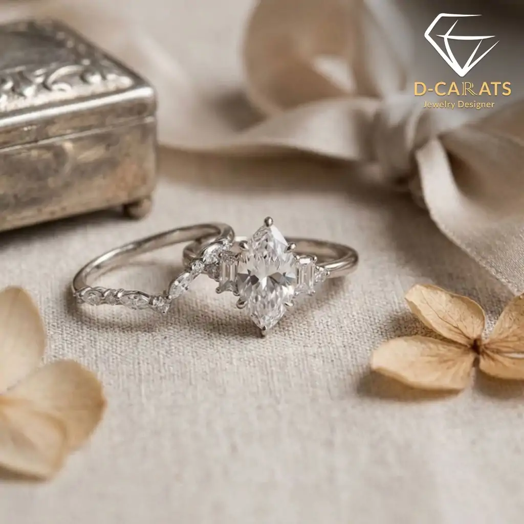Marquise Moissanite Bridal Ring Set 10 Close-up of a marquise moissanite bridal ring set with silver bands resting on beige linen beside dried petals