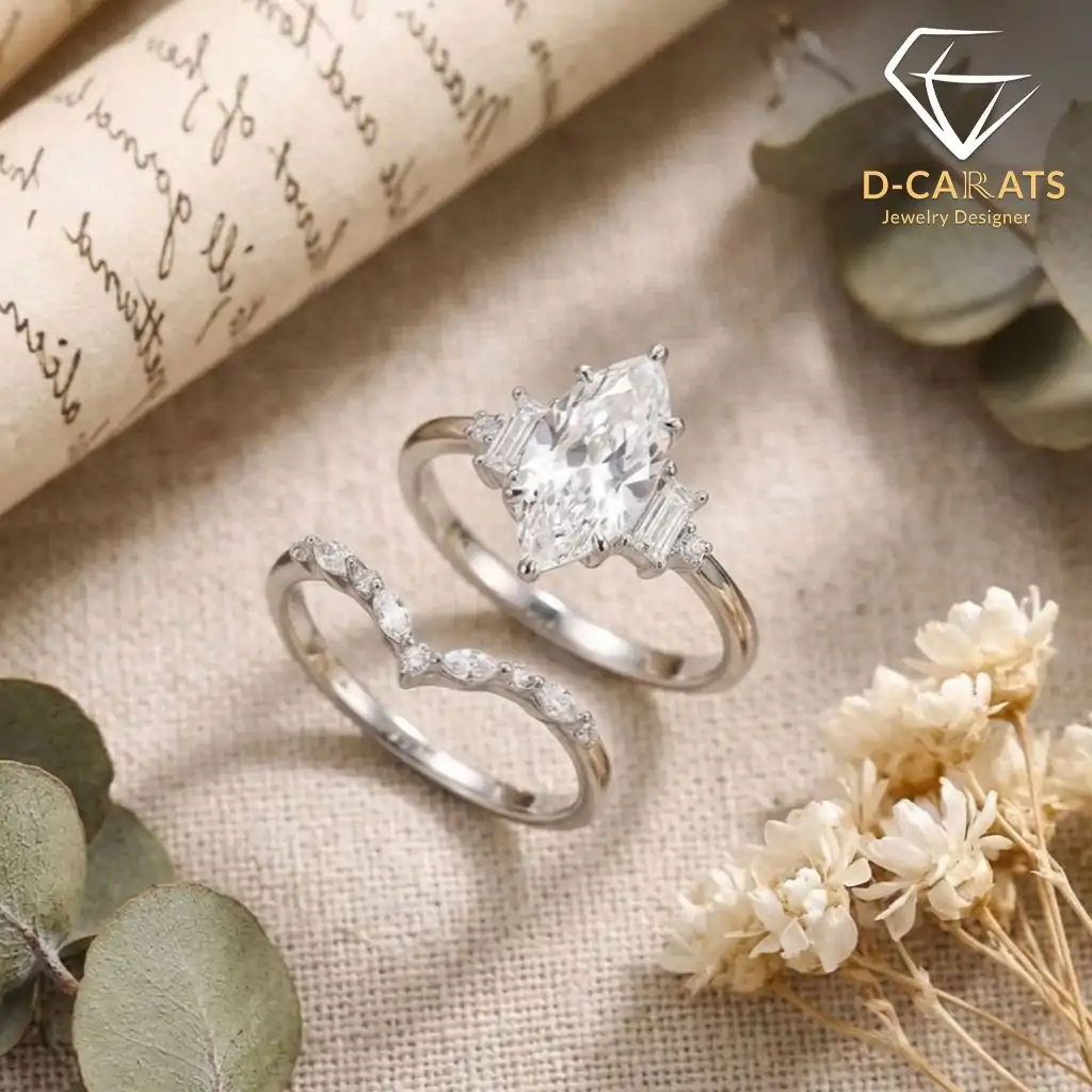 Marquise Moissanite Bridal Ring Set 9 Close-up of a silver marquise moissanite bridal ring set with a curved band resting on linen beside dried eucalyptus leaves