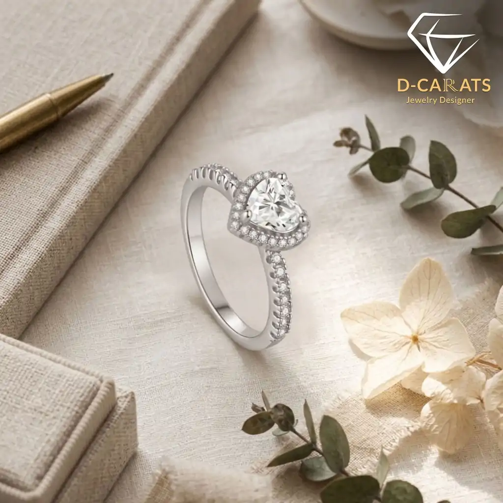 Halo Heart Ring 8 Shimmering moissanite heart ring halo setting with pave diamonds, displayed on textured beige linen beside dried flowers and a gold pen
