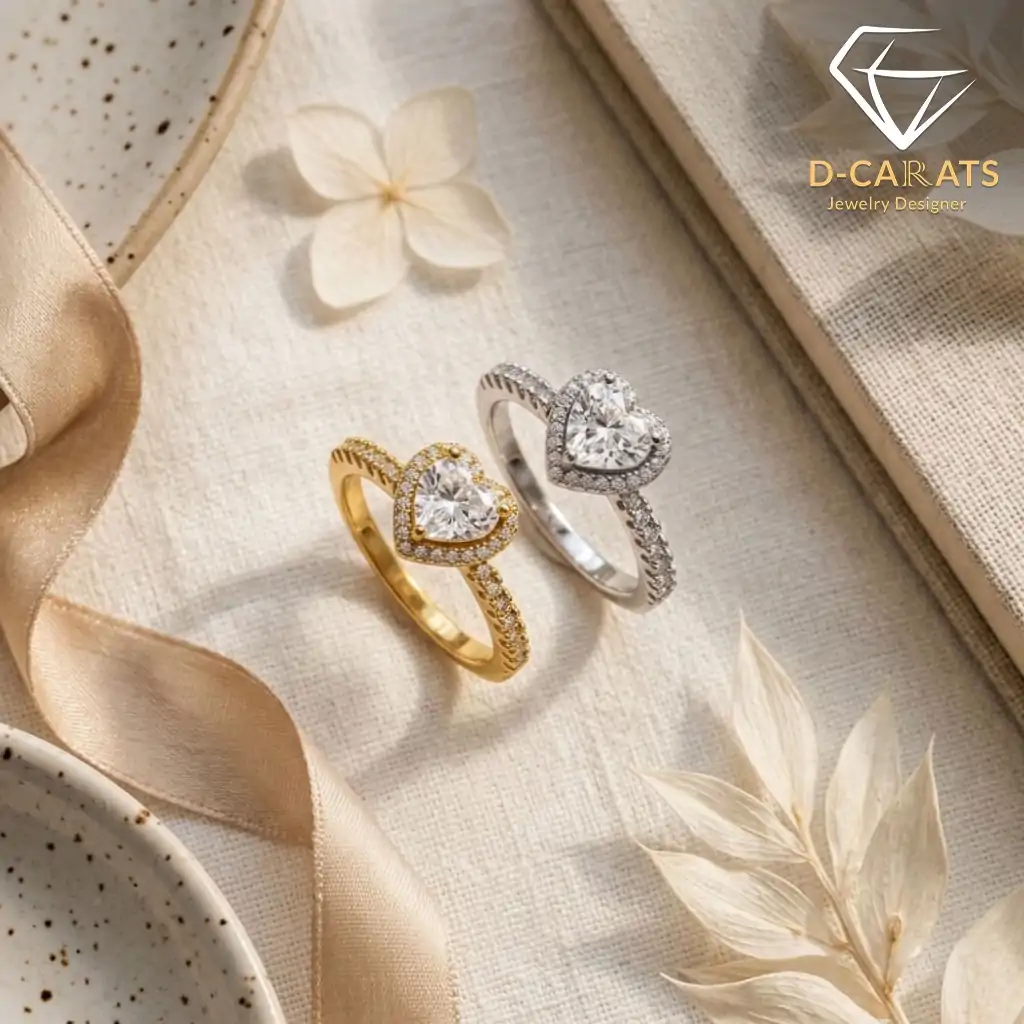 Halo Heart Ring 12 Two moissanite heart rings with halo settings displayed side by side on a soft beige fabric, one in silver and one in gold, surrounded by dried flowers and a ribbon