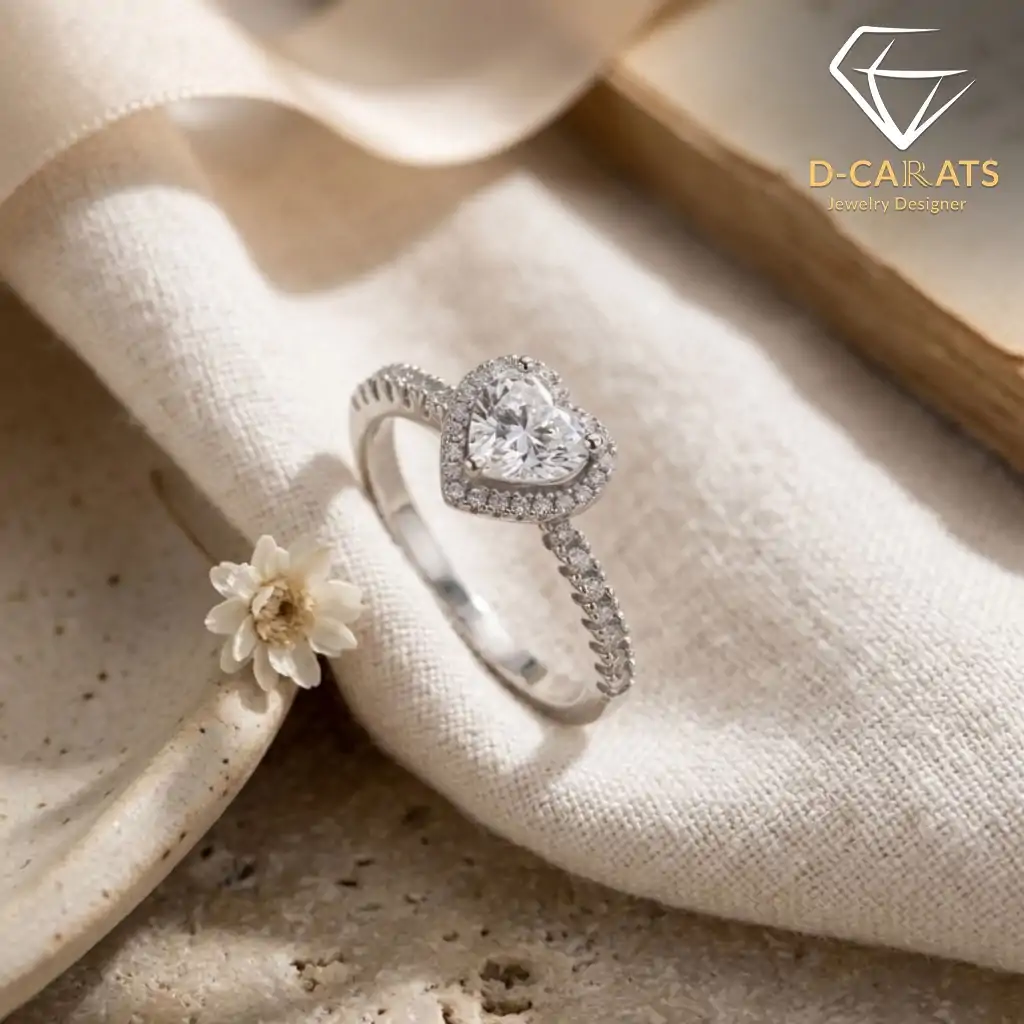 Halo Heart Ring 10 Heart-shaped moissanite ring with halo setting, silver band adorned with pavé stones, resting on linen beside dried flower and book page