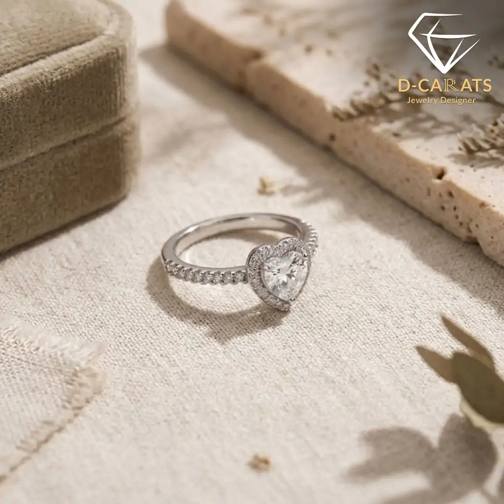 Halo Heart Ring 14 Shimmering moissanite heart ring halo setting rests on textured beige fabric beside velvet box and stone with dried foliage