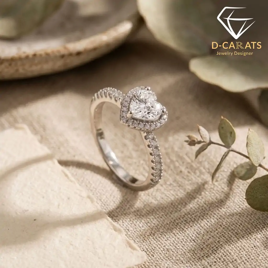 Halo Heart Ring 16 Close-up of a silver moissanite heart ring halo setting with pave accents, resting on textured beige fabric beside eucalyptus leaves