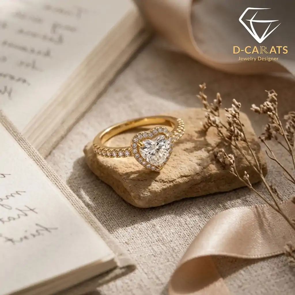 Halo Heart Ring 18 Golden moissanite heart ring halo setting resting on stone, surrounded by dried flowers and open journal in soft natural light