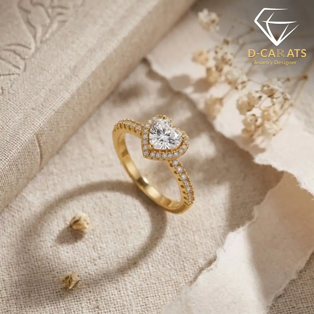 Halo Heart Ring 9 Golden moissanite heart ring halo setting with pave band, resting on textured beige fabric beside dried flowers