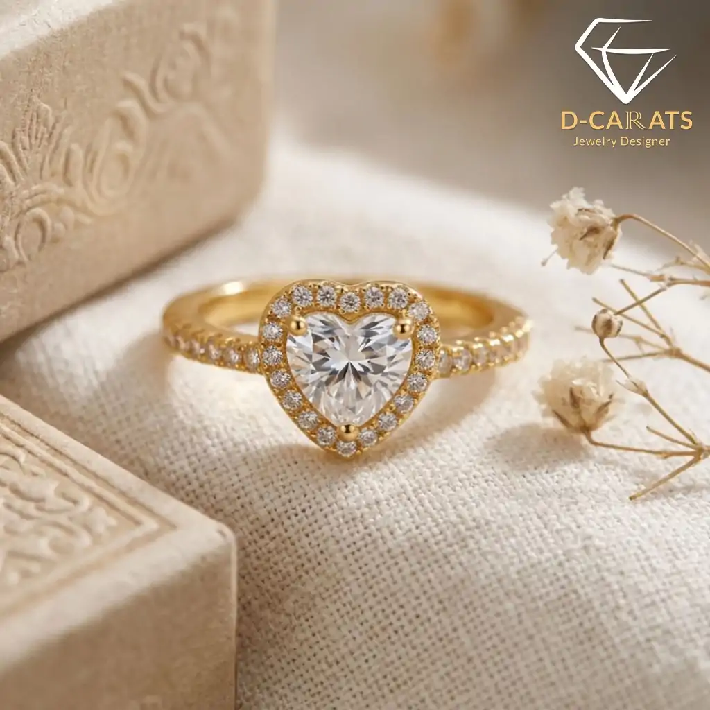 Halo Heart Ring 11 Golden moissanite heart ring halo with pave setting, resting on textured fabric beside dried flowers and ornate boxes