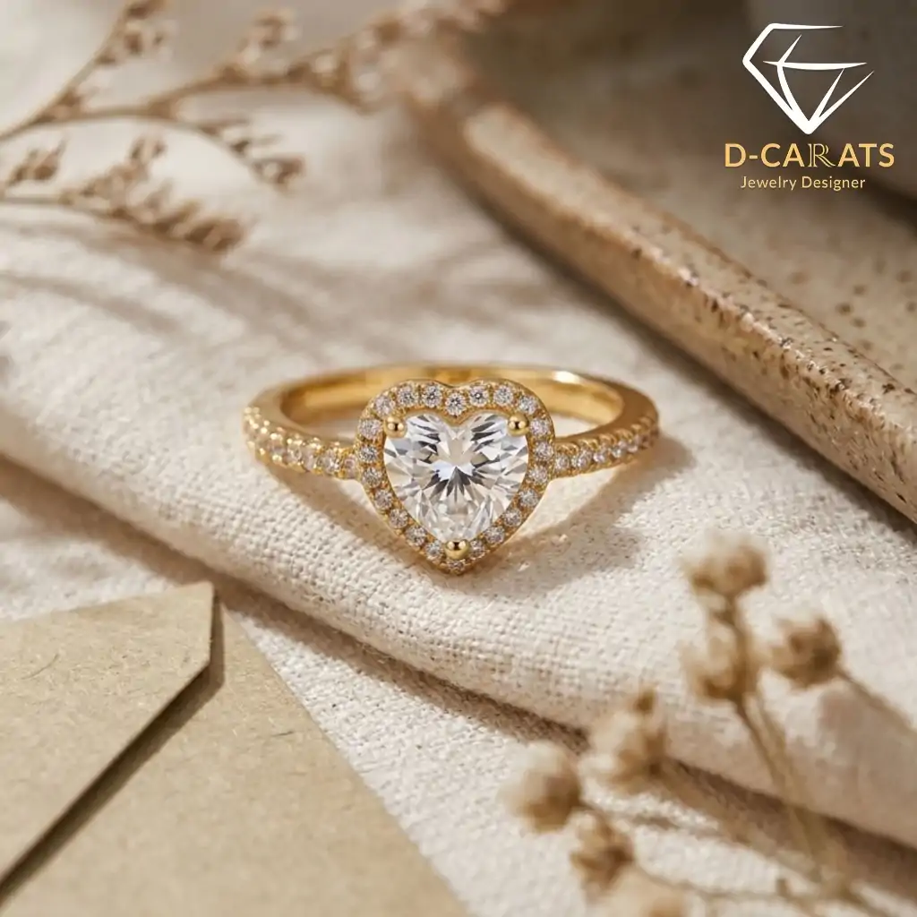 Halo Heart Ring 20 Golden moissanite heart ring halo setting with pave diamonds on textured fabric and dried floral accents