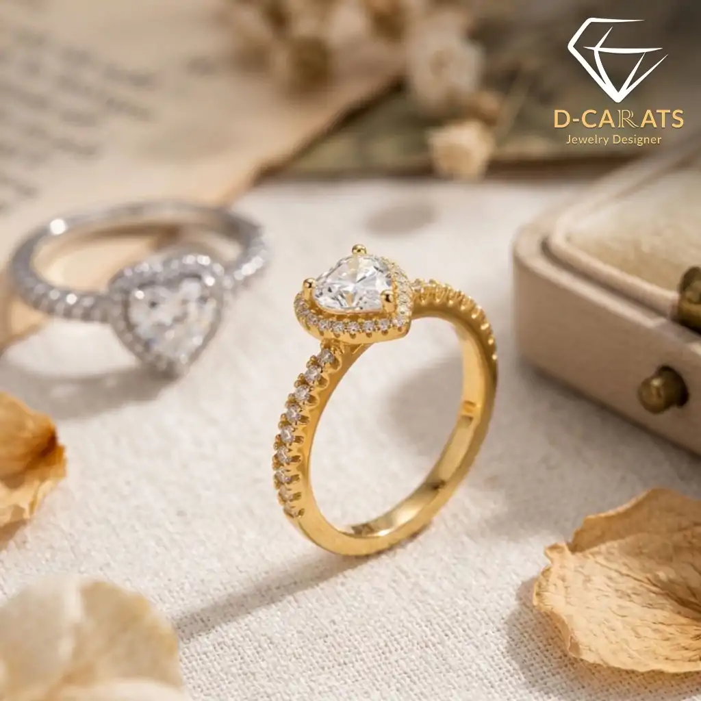Halo Heart Ring 21 Golden moissanite heart ring halo setting with pavé band, showcased on textured fabric beside dried petals and an open jewelry box