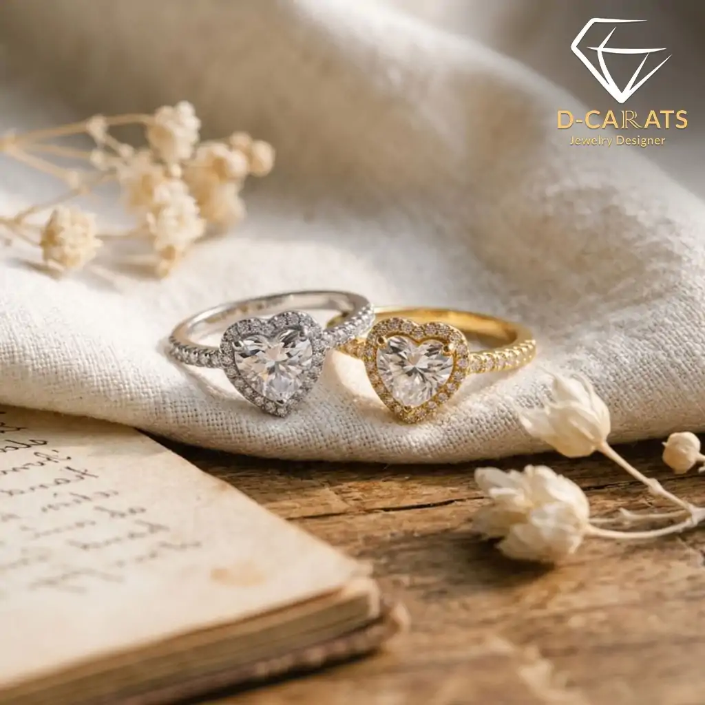 Halo Heart Ring 17 Two moissanite heart rings with halo settings, gold and silver, resting on linen beside dried flowers and an open book