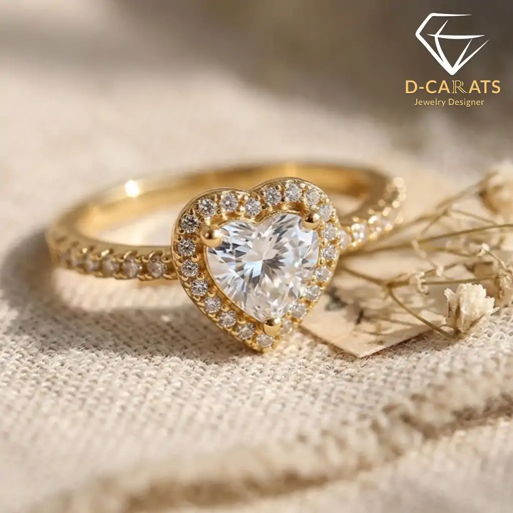 Halo Heart Ring 22 Golden moissanite heart ring halo setting with pave diamonds, resting on textured fabric beside dried flowers