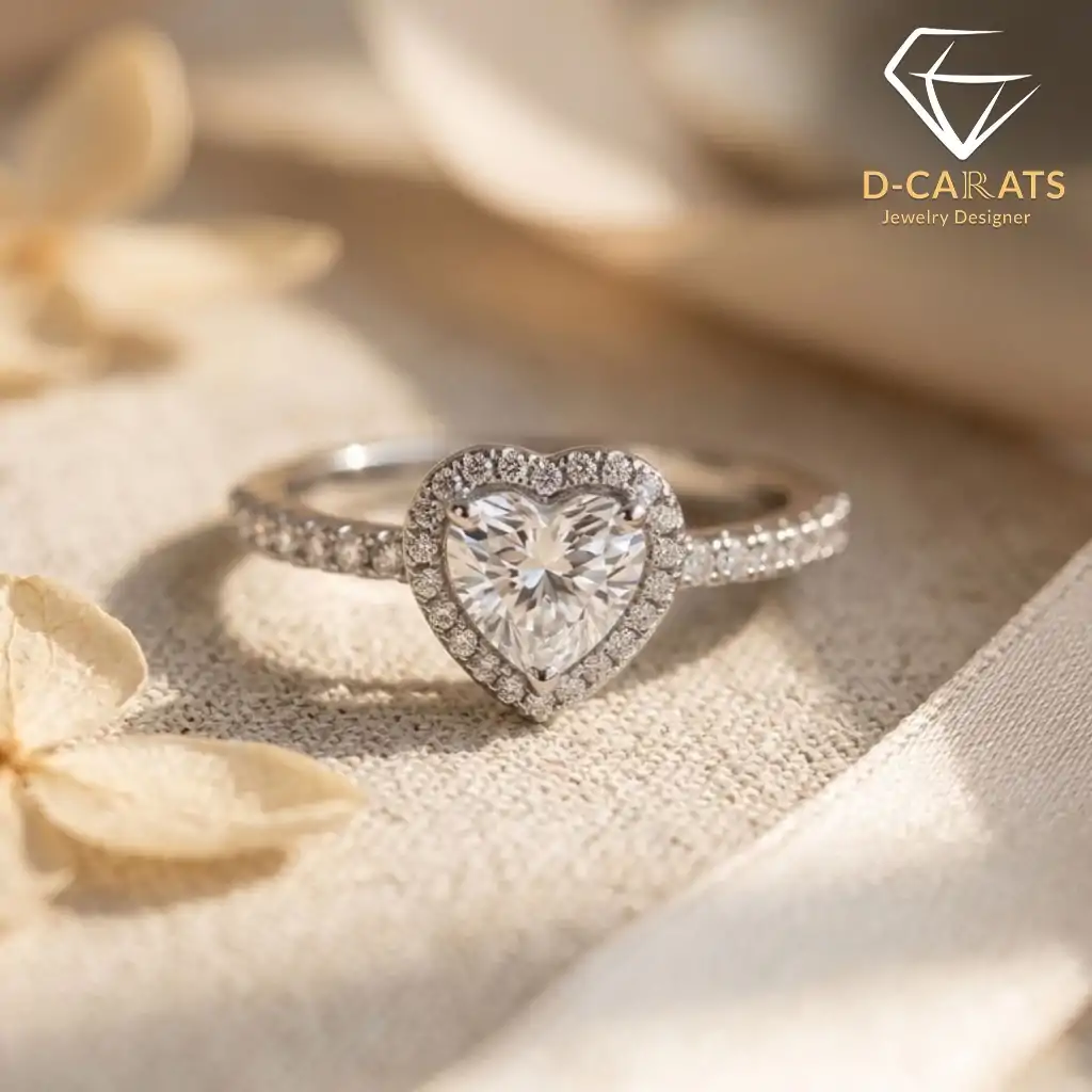 Halo Heart Ring 19 A close-up of a moissanite heart ring halo, showcasing its sparkling central stone and surrounding pave setting on a soft beige fabric with dried flowers