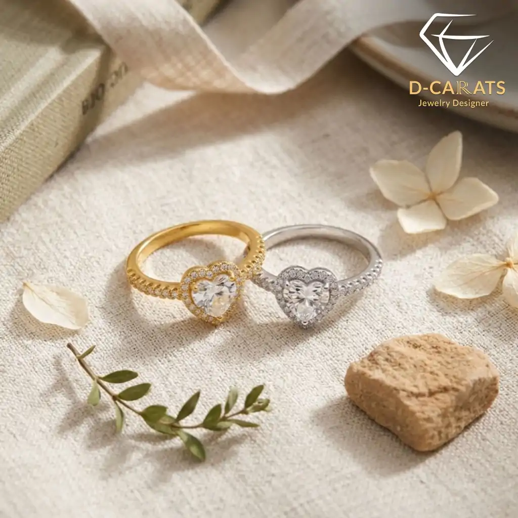 Halo Heart Ring 7 Two moissanite heart rings with halo settings, silver and gold, displayed on textured beige fabric with dried flowers and greenery