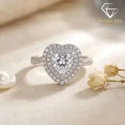 Close-up of a silver heart ring double halo moissanite center set on a beige linen fabric with dried floral accents