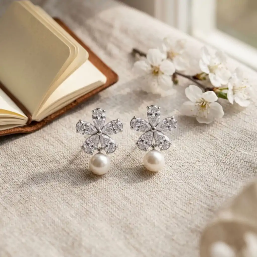 Pendientes colgantes de perla y plata con flor de circón 15 Par de pendientes colgantes de perla plateados con flores de circón sobre tela de lino neutra con flores blancas