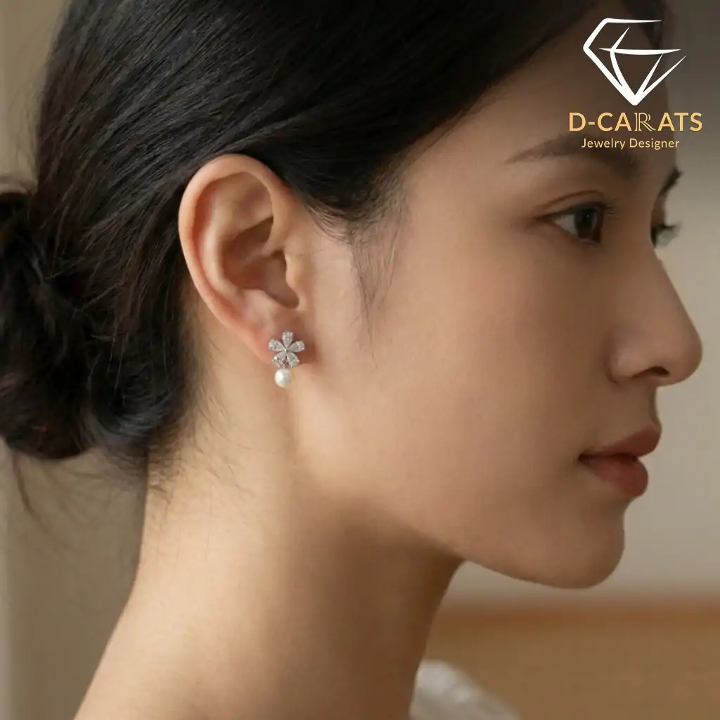Pendientes colgantes de perla y plata con flor de circón 7 Perfil lateral de una mujer que lleva pendientes colgantes de perla plateada con un pendiente de flor con circón brillante en el lóbulo de la oreja