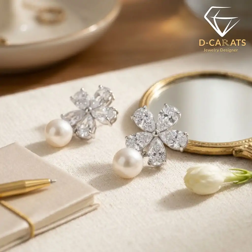 Pendientes colgantes de perla y plata con flor de circón 5 Primer plano de pendientes colgantes de perla plateada con flores de circón marquesa sobre una superficie texturizada de lino beige