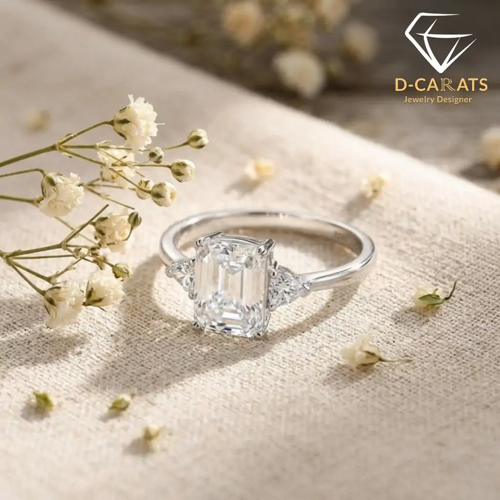 Three-stone emerald cut ring in 925 silver 3 Close-up of a three stone emerald cut ring in polished 925 silver resting on beige linen beside delicate white flowers