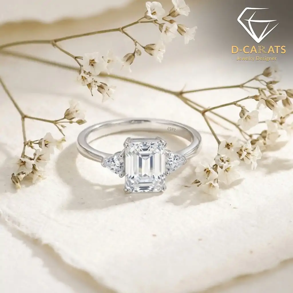 Three-stone emerald cut ring in 925 silver 9 Close-up of a three stone emerald cut silver ring nestled among delicate white dried flowers on textured cream paper