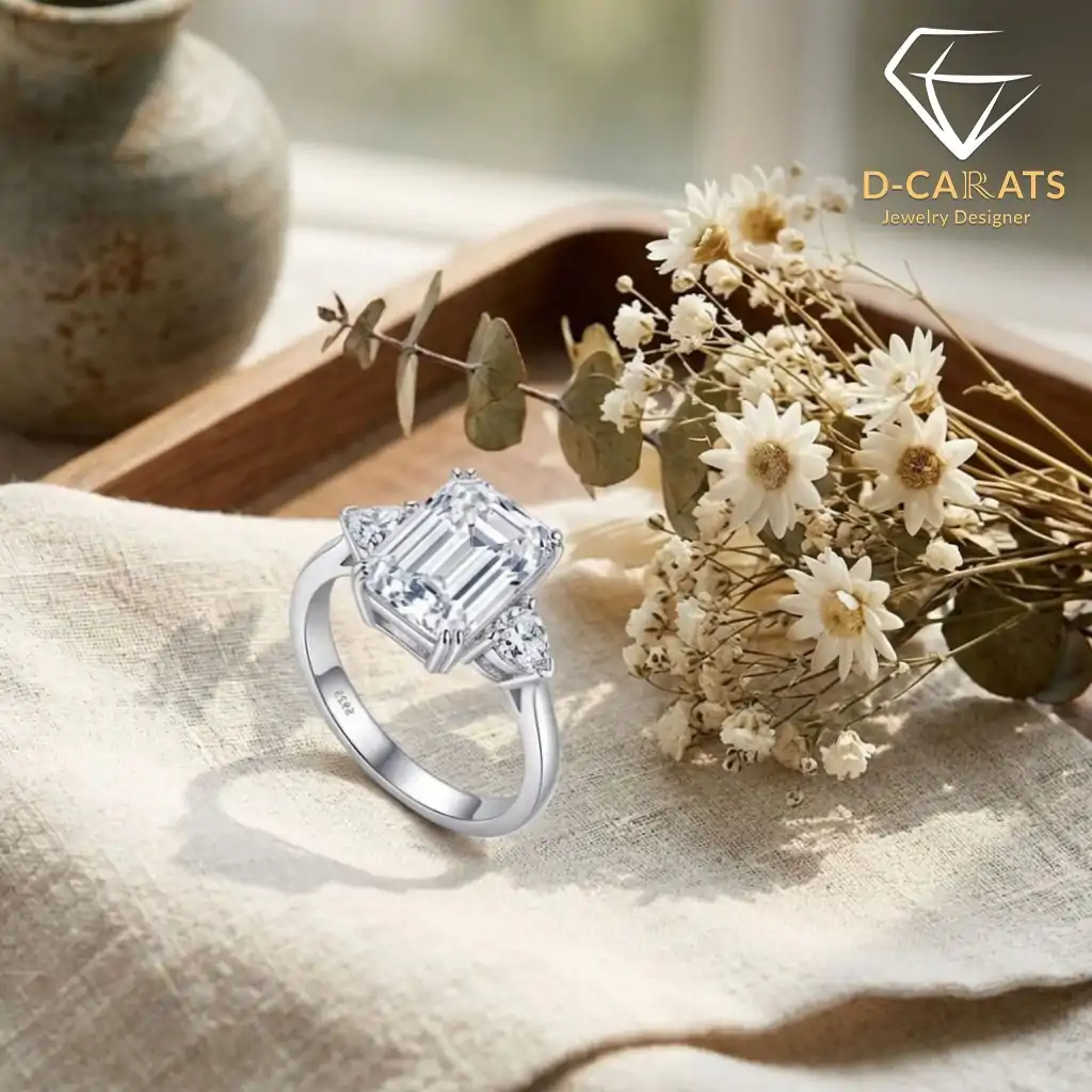 Three-stone emerald cut ring in 925 silver 12 Close-up of a 925 silver three stone emerald cut ring resting on beige linen beside delicate dried white flowers