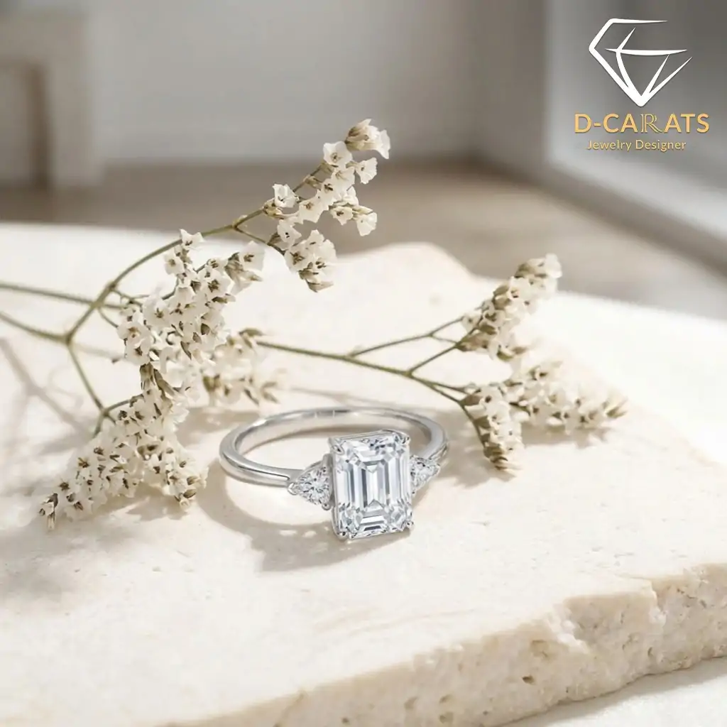 Three-stone emerald cut ring in 925 silver 13 Silver three stone emerald cut ring resting on a cream travertine slab beside delicate white dried flowers